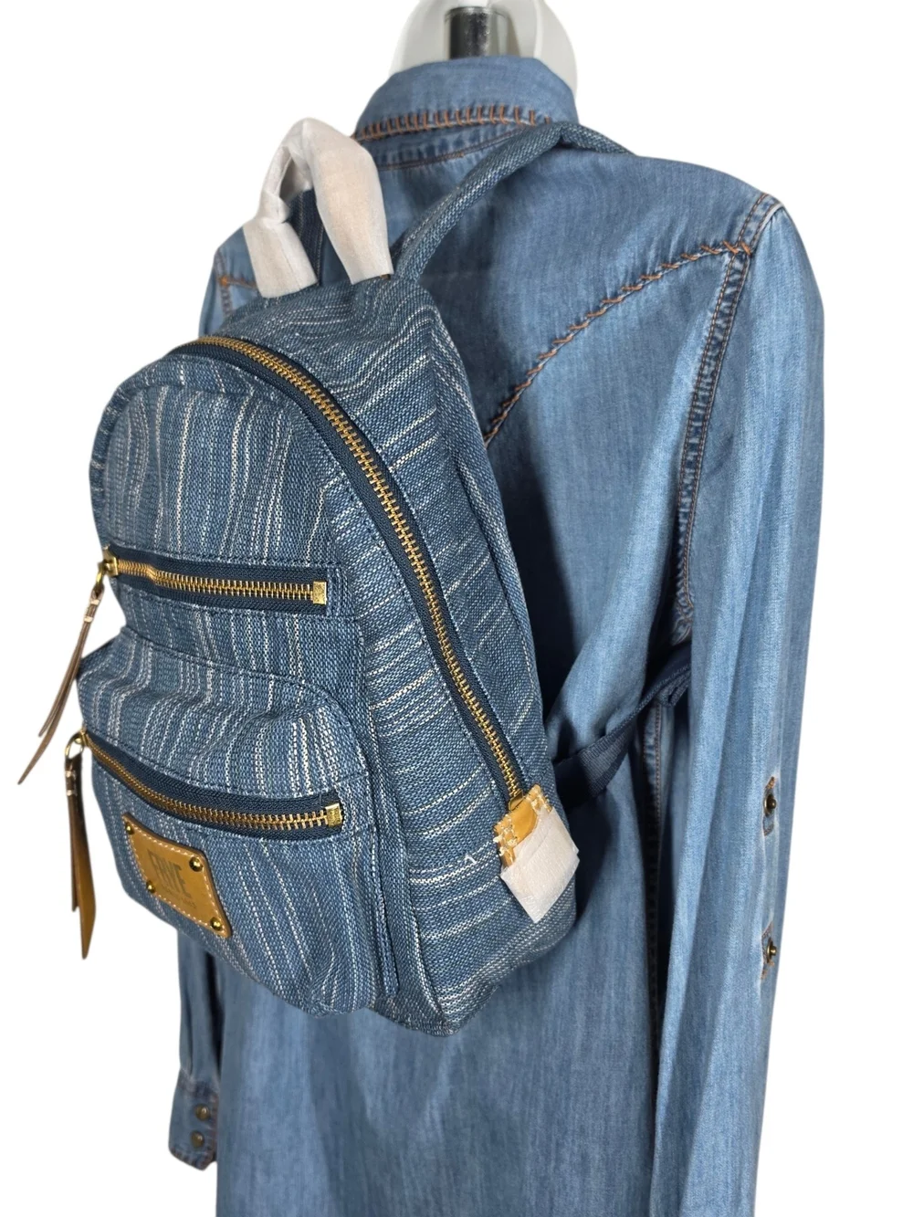FRYE Small Striped Denim Backpack in Blue with Leather Tan Accents